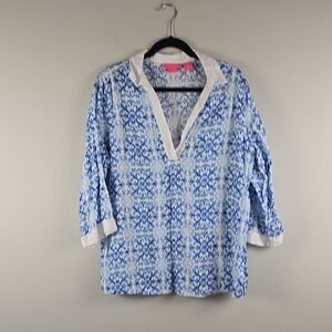 Isaac Mizrahi 100% Linen Blue and White Women's Tunic Top